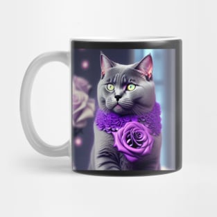 British Shorthair Enjoys Purple Roses Mug